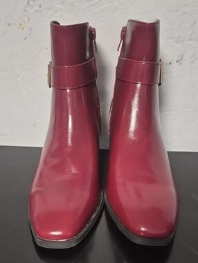 Journee Collection Burgundy Leather Ankle Booties with Buckle Accent